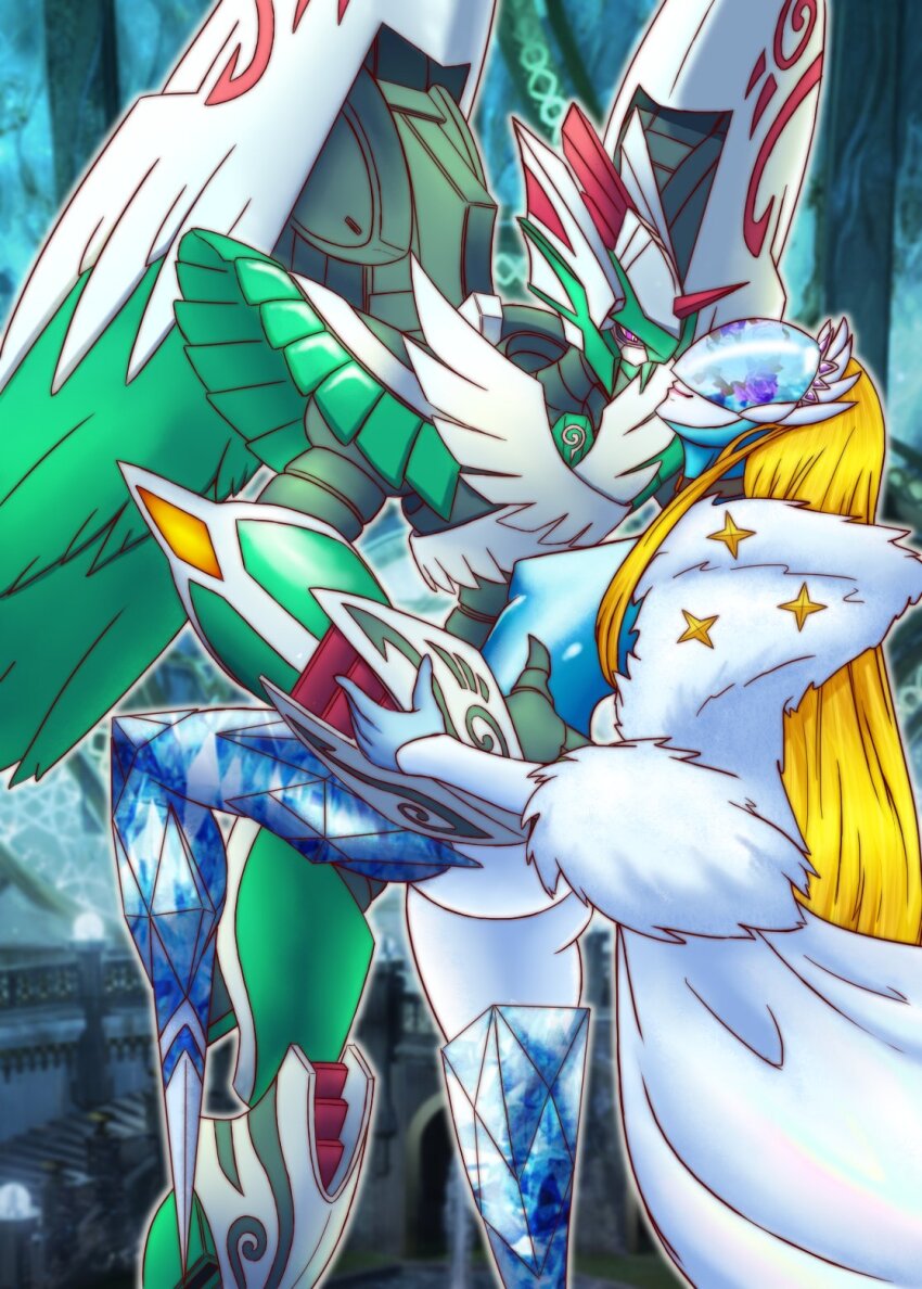 armor blonde_hair cendrillmon couple digimon digimon_(creature) digimon_liberator horns hug zephagamon