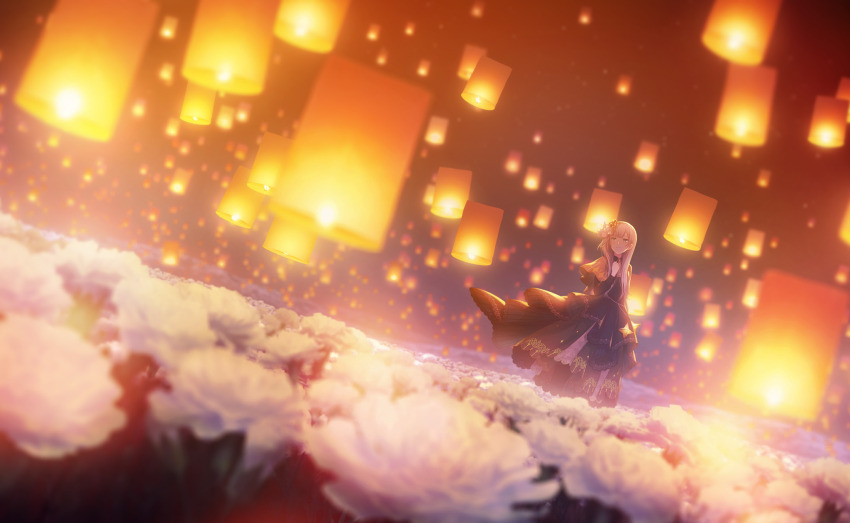 1girl black_cape black_dress blue_eyes cape carnation chain colorful_festival_(project_sekai) colorful_palette dress field flower flower_field gold_trim hair_ornament hand_on_own_chest highres horizon lace lace-trimmed_cape lace-trimmed_dress lace_trim lantern light long_hair long_sleeves night night_sky official_alternate_costume official_alternate_hairstyle official_art paper_lantern project_sekai side_cape sidelocks sky smile solo standing star_ornament third-party_source very_long_hair white_flower white_hair wide_shot yoisaki_kanade