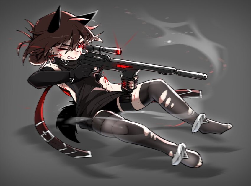 animal_ears black_gloves blood blood_on_face cry_(crydiaa) crydiaa_(artist) detached_sleeves earrings gloves gun hair_bun jewelry meme_attire pouch rifle single_earring sniper_rifle tail thigh_pouch virgin_killer_sweater weapon wolf_ears wolf_girl wolf_tail
