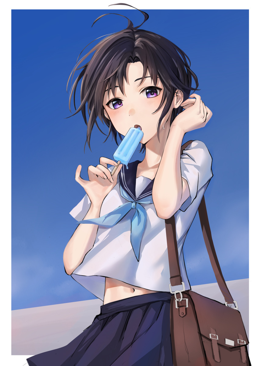 1girl absurdres aburi-gatana antenna_hair bag black_hair blue_neckerchief blue_sailor_collar blue_skirt blue_sky border brown_bag day food hand_up highres holding holding_food holding_popsicle idolmaster idolmaster_(classic) kikuchi_makoto looking_at_viewer midriff_peek navel neckerchief outdoors outside_border pleated_skirt popsicle purple_eyes sailor_collar school_uniform serafuku shirt short_hair short_sleeves shoulder_bag skirt sky solo summer_uniform sweatdrop white_border white_shirt