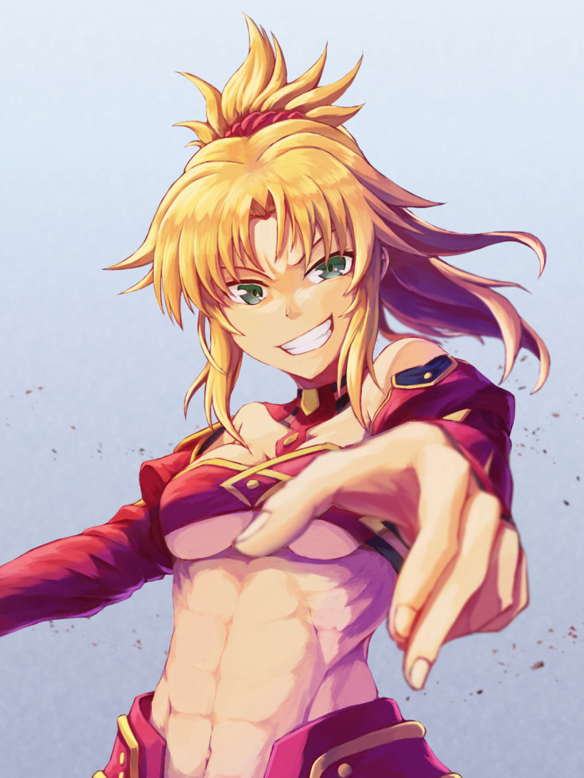 1girl abs bare_shoulders blonde_hair blue_background breasts fate/grand_order fate_(series) female_focus green_eyes highres juunishi_aya medium_breasts mordred_(fate) mordred_(fate/apocrypha) navel outstretched_hand ponytail red_scrunchie scrunchie shrug_(clothing) smile smirk solo underboob