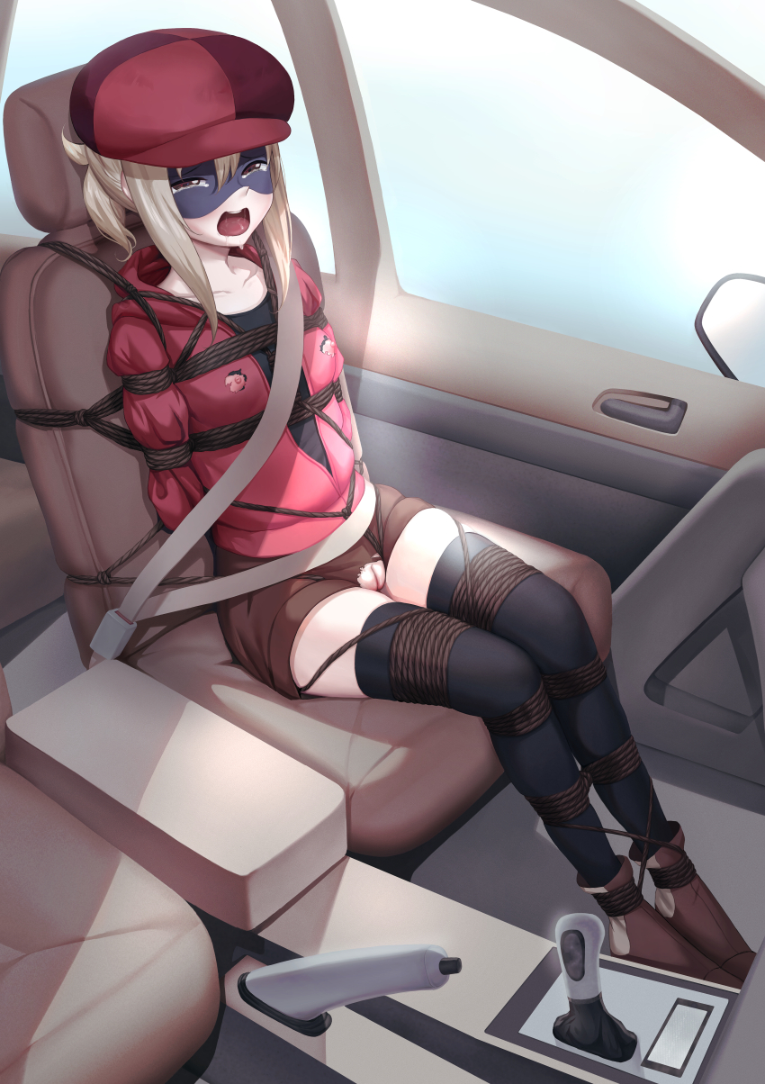 1girl absurdres arms_behind_back bdsm black_shirt black_thighhighs blonde_hair blush bondage boots bound bound_arms bound_legs bound_torso breasts brown_eyes car car_interior collarbone crotch_rope crying crying_with_eyes_open disguise doma_umaru drooling female_focus flat_chest hair_between_eyes hat highres himouto!_umaru-chan himouto!_umaru-chan_r huge_filesize indoors jacket looking_ahead looking_at_viewer looking_to_the_side mask medium_hair mirror motor_vehicle nipple_cutout nipples open_mouth outdoors ponytail public_bondage public_indecency pussy pussy_cutout red_hat red_jacket saliva saliva_trail seatbelt shibari shibari_over_clothes shirt short_shorts shorts sidelocks skin_tight skindentation small_breasts solo tabby_(8401431) tearing_up tears teeth thighhighs thighs tongue tongue_out torn_clothes uncensored zettai_ryouiki
