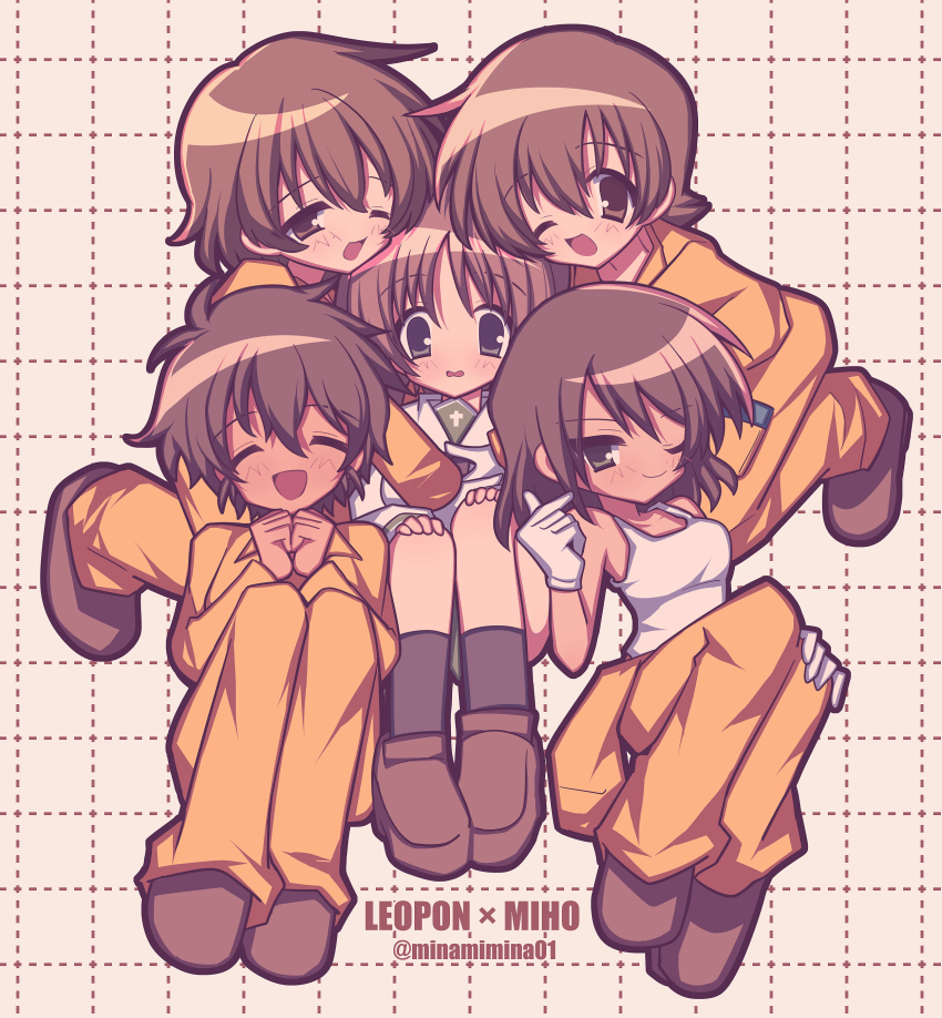 5girls absurdres black_socks blush bob_cut brown_eyes brown_hair brown_shoes character_name closed_eyes closed_mouth clothes_around_waist commentary dark-skinned_female dark_skin english_text facing_viewer girl_sandwich girls_und_panzer gloves green_eyes group_hug hands_on_own_knees highres hoshino_(girls_und_panzer) hug jumpsuit kneeling leaning_forward loafers long_sleeves looking_at_viewer mechanic minami_mina multiple_girls nakajima_(girls_und_panzer) nishizumi_miho one_eye_closed ooarai_school_uniform open_mouth orange_jumpsuit sandwiched school_uniform serafuku shirt shoes short_hair sitting smile socks suzuki_(girls_und_panzer) tank_top tsuchiya_(girls_und_panzer) twitter_username white_gloves white_shirt white_tank_top