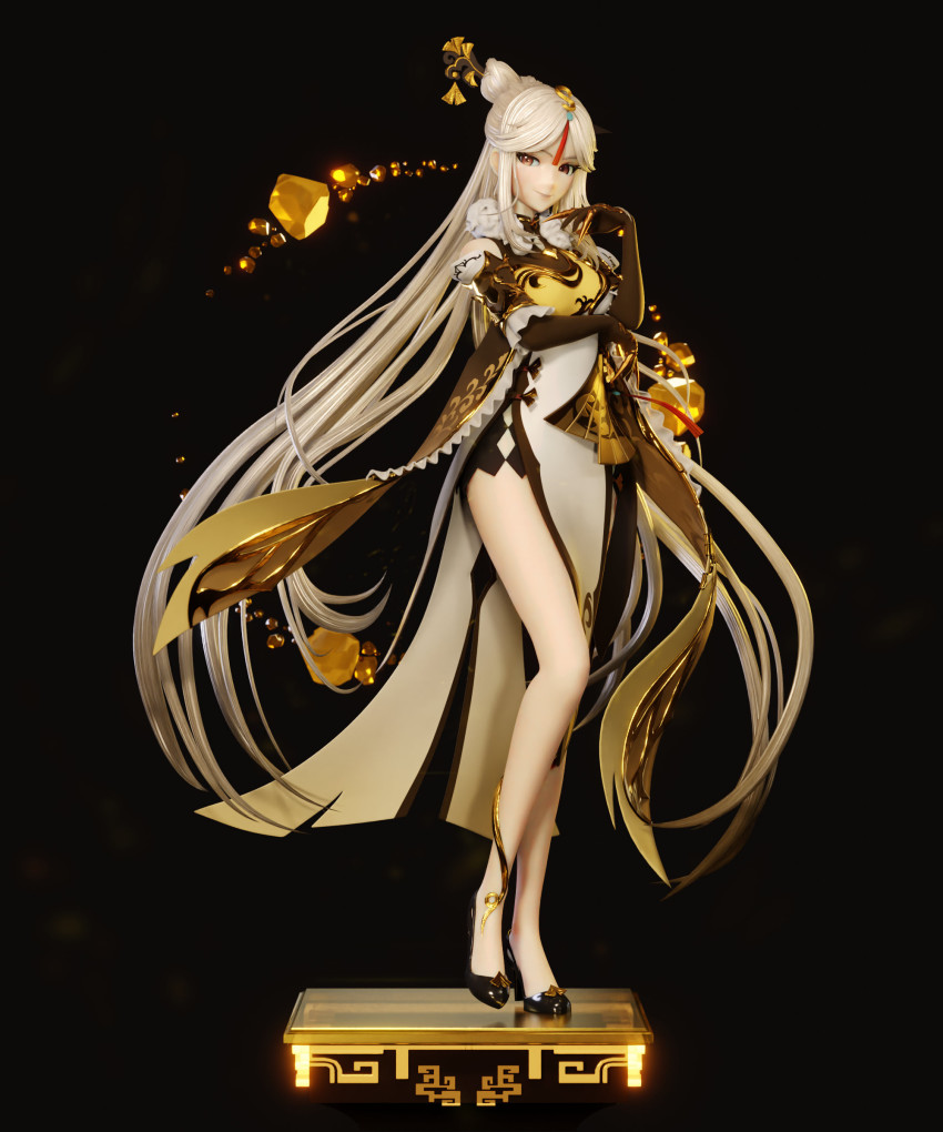 1girl 3d absurdres arm_under_breasts claw_ring detached_sleeves dress elbow_gloves fur_trim gem genshin_impact gloves hair_ornament hair_tassel hairpin half_updo hand_up high_heels highres long_hair ningguang_(genshin_impact) pablo_dobarro parted_bangs red_eyes side_slit solo tassel tassel_hair_ornament very_long_hair white_hair yellow_dress