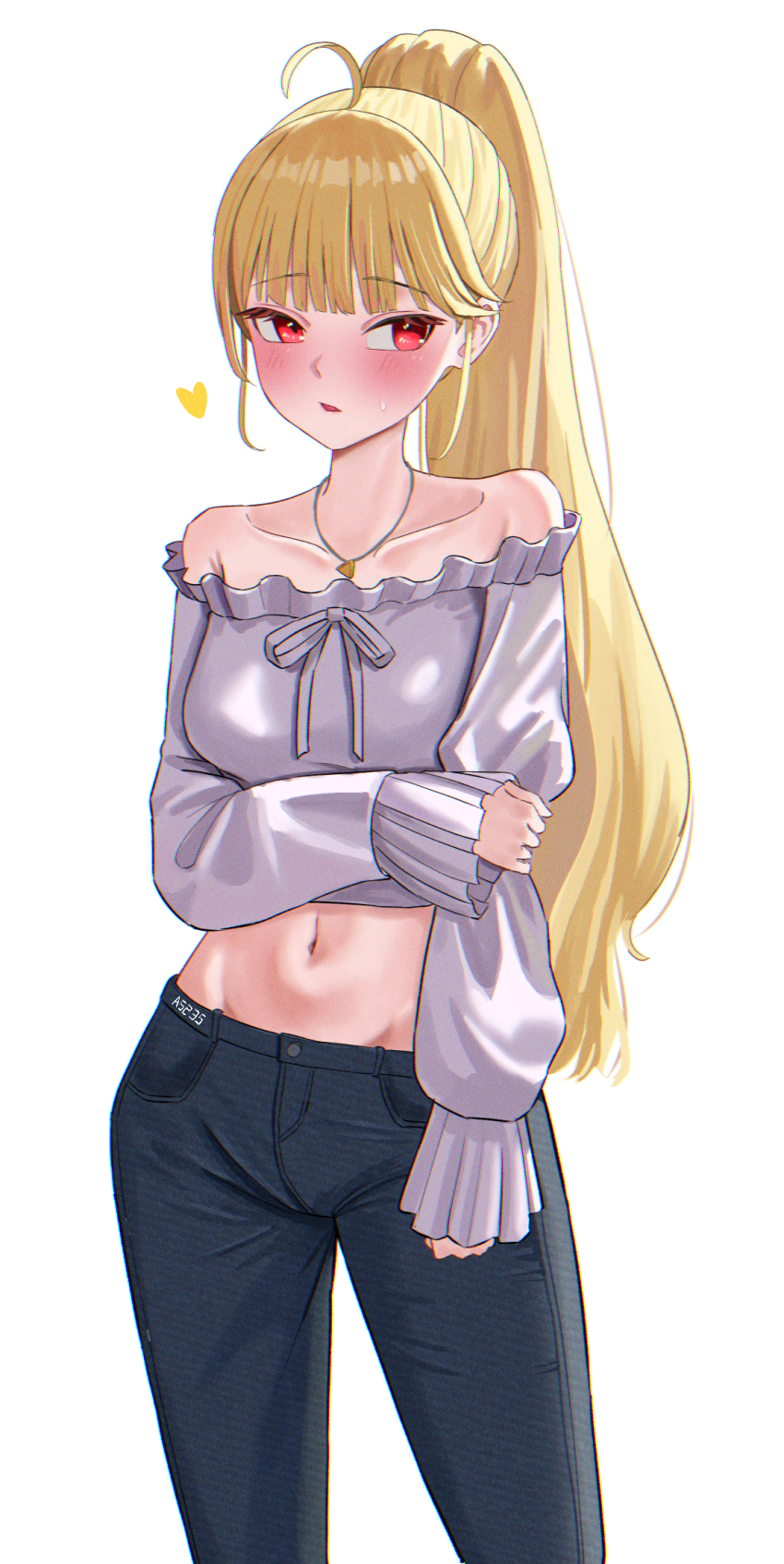 1girl a5235 ahoge artist_name bare_shoulders blonde_hair contrapposto cowboy_shot crop_top denim grey_pants hand_on_own_arm heart high_ponytail highres jeans jewelry jingburger long_hair long_sleeves looking_to_the_side midriff navel necklace off-shoulder_shirt off_shoulder pants parted_lips ponytail red_eyes ribbon shirt simple_background sleeves_past_wrists solo sweatdrop very_long_hair virtual_youtuber waktaverse white_background white_ribbon