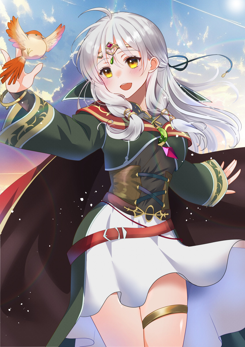 1girl :d absurdres azusa_(azchemist63) belt bird black_bridal_gauntlets bridal_gauntlets cape circlet cloak commission fire_emblem fire_emblem:_radiant_dawn fire_emblem_heroes gloves green_cloak grey_hair hair_ribbon half_updo highres jewelry long_hair looking_to_the_side micaiah_(dawning_maiden)_(fire_emblem) micaiah_(fire_emblem) nintendo official_alternate_costume open_mouth pleated_cape red_cape ribbon skeb_commission skirt smile solo sunrise thighlet white_skirt yellow_eyes yune_(fire_emblem)