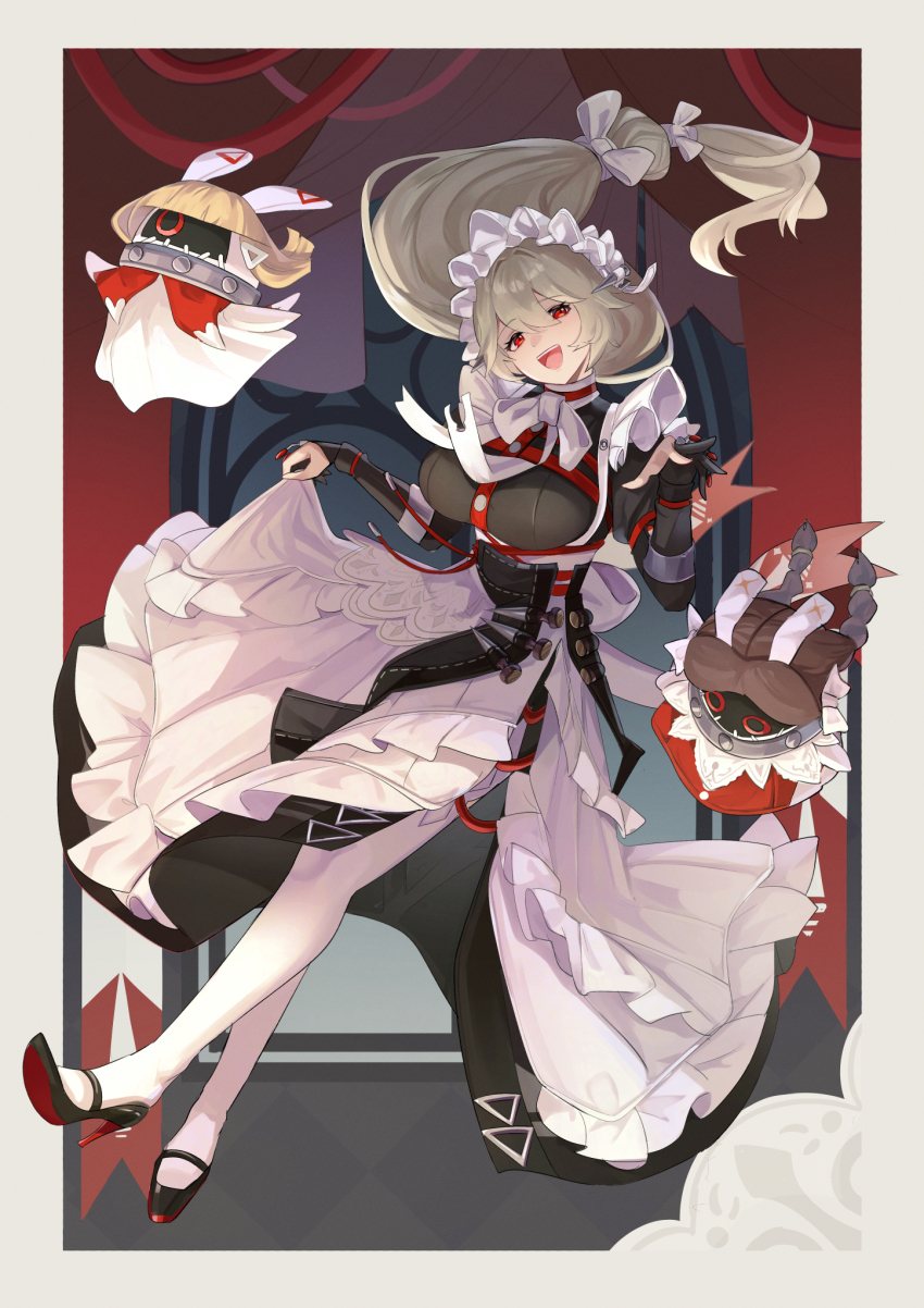 1girl :d alexandrina_sebastiane anastella_(zenless_zone_zero) bangboo_(zenless_zone_zero) black_gloves black_shoes bow breasts commentary daweykun dress drusilla_(zenless_zone_zero) gloves grey_hair hair_between_eyes hair_bow highres large_breasts lifting_own_clothes long_hair long_sleeves looking_at_viewer maid maid_headdress open_mouth pantyhose partially_fingerless_gloves red_eyes shoes smile solo white_bow white_pantyhose zenless_zone_zero