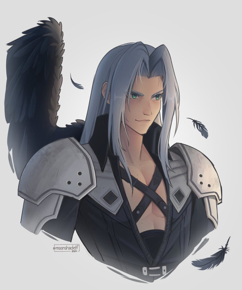 1boy armor black_coat black_feathers black_wings chest_strap closed_mouth coat commentary cropped_torso feathered_wings feathers final_fantasy final_fantasy_vii final_fantasy_vii_remake green_eyes grey_background grey_hair highres long_hair male_focus moonshadelf parted_bangs pectorals sephiroth shoulder_armor single_wing solo symbol-only_commentary upper_body wings