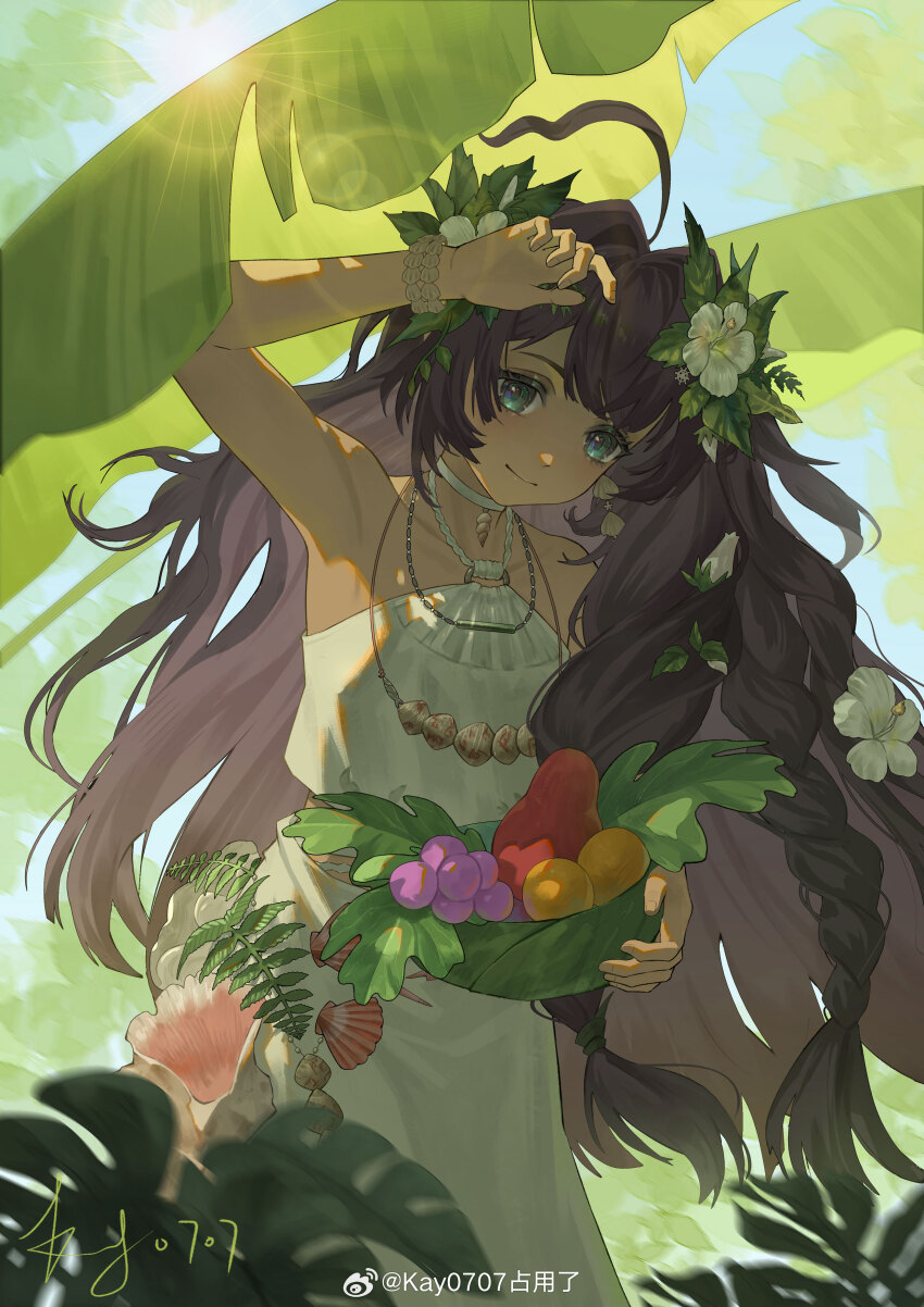 1girl absurdres ahoge arm_up armpits artist_name bare_arms bare_shoulders black_hair blue_eyes blue_sky bowl closed_mouth dark-skinned_female dark_skin fatutu flower food fruit hair_flower hair_ornament halter_shirt halterneck hand_on_own_head hand_up hibiscus highres holding holding_bowl jewelry kay0707 leaf_hair_ornament lens_flare long_hair looking_at_viewer midriff monstera_deliciosa necklace outdoors reverse:1999 shell shell_bracelet shell_necklace shirt signature skirt sky sleeveless sleeveless_shirt smile solo upper_body very_long_hair watermark weibo_watermark white_flower white_shirt white_skirt