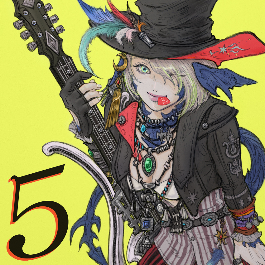 1girl artist_request au_ra bard_(final_fantasy) black_gloves black_hat black_jacket breasts cleavage cropped_jacket electric_guitar final_fantasy final_fantasy_xiv gloves guitar hat hat_feather highres holding holding_guitar holding_instrument instrument jacket jewelry long_hair looking_at_viewer monster_girl mouth_hold necklace official_art one_eye_closed partially_fingerless_gloves plectrum scales simple_background smile solo tail warrior_of_light_(ff14) yellow_background