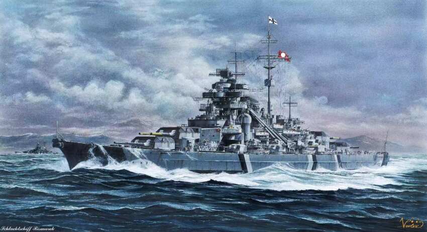 battleship bismarck_(battleship) cannon cloud cloudy_sky flag highres kriegsmarine military_vehicle mountainous_horizon no_humans ocean original ship ship_turret sky vehicle_focus vehicle_name vortex_(xu_xuanwo) warship watercraft waves world_war_ii