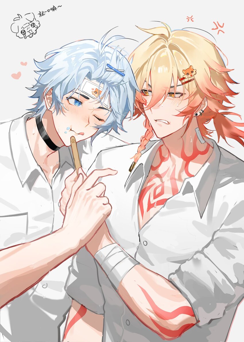 2boys anger_vein antenna_hair black_choker blonde_hair blue_eyes blush braid chest_tattoo chinese_commentary choker commentary_request crumbs ear_piercing earrings facial_tattoo food gradient_hair hair_between_eyes hair_ornament hairpin hand_grab highres honkai:_star_rail honkai_(series) jewelry licking_lips looking_at_another male_focus medium_hair multicolored_hair multiple_boys mydei_(honkai:_star_rail) neck_tattoo one_eye_closed open_collar phainon_(honkai:_star_rail) piercing popsicle red_hair red_tattoo shirt short_hair side_braid simple_background stud_earrings suirandanshihao sweatdrop tattoo tongue tongue_out white_background white_hair white_shirt wing_collar