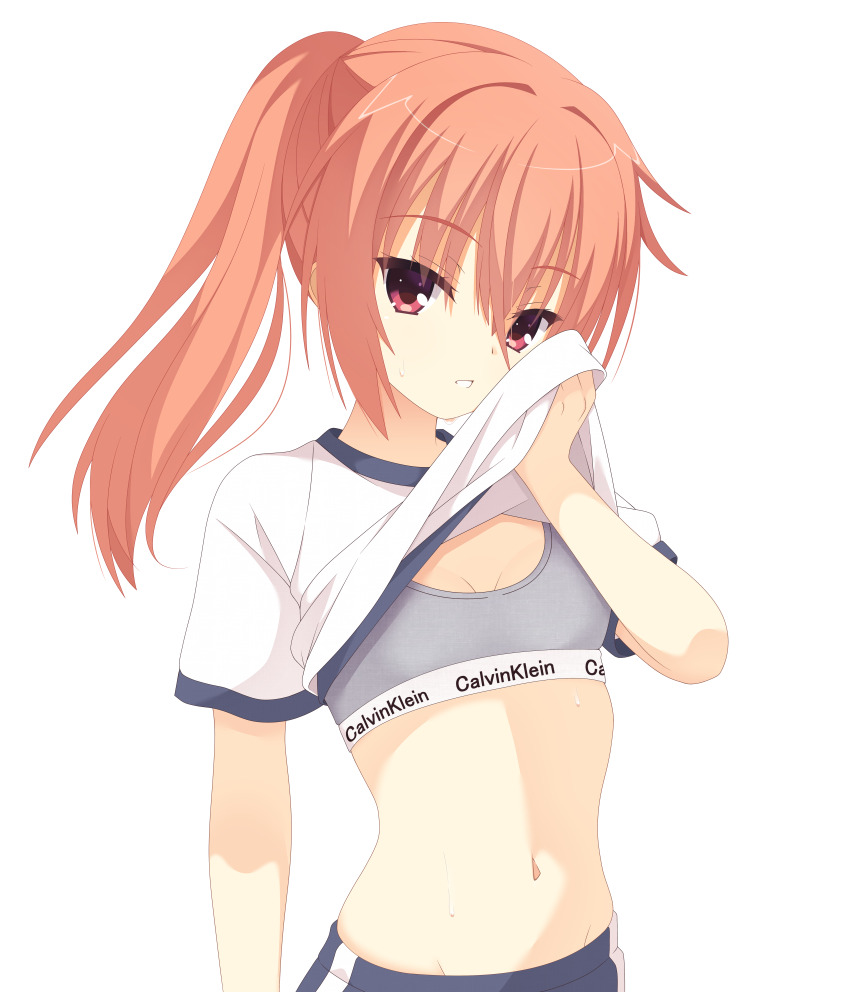 1girl absurdres alternate_costume alternate_hairstyle breasts clothes_lift commentary_request eyelashes eyes_visible_through_hair grey_sports_bra gym_shirt gym_shorts gym_uniform hair_between_eyes highres inaba_meguru kaon_zz lifting_own_clothes long_hair looking_at_viewer navel orange_hair paid_reward_available parted_lips ponytail red_eyes sanoba_witch shirt shirt_lift short_sleeves shorts sidelocks simple_background small_breasts solo sports_bra stomach sweat upper_body white_background white_shirt wiping_face wiping_sweat wiping_with_clothes