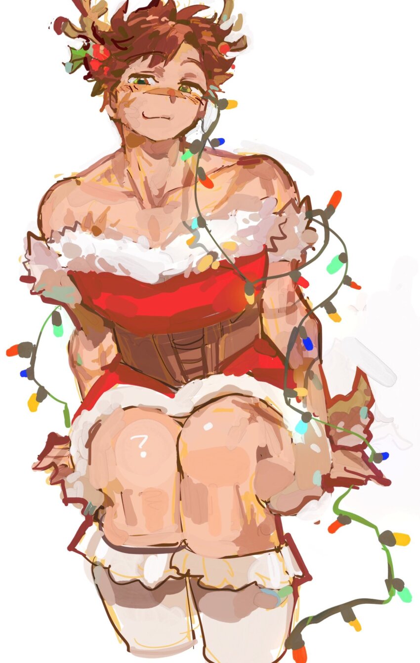 1boy antlers blush brown_corset brown_hair christmas christmas_lights corset crossdressing deer_antlers deer_tail dress fur_trim goodtimeswithscar green_eyes highres horns looking_at_viewer male_focus mc_championship minecraft_youtube miu8an official_alternate_costume painterly red_dress santa_costume santa_dress scar scar_on_face scar_on_nose short_hair simple_background sitting socks solo tail white_background white_socks