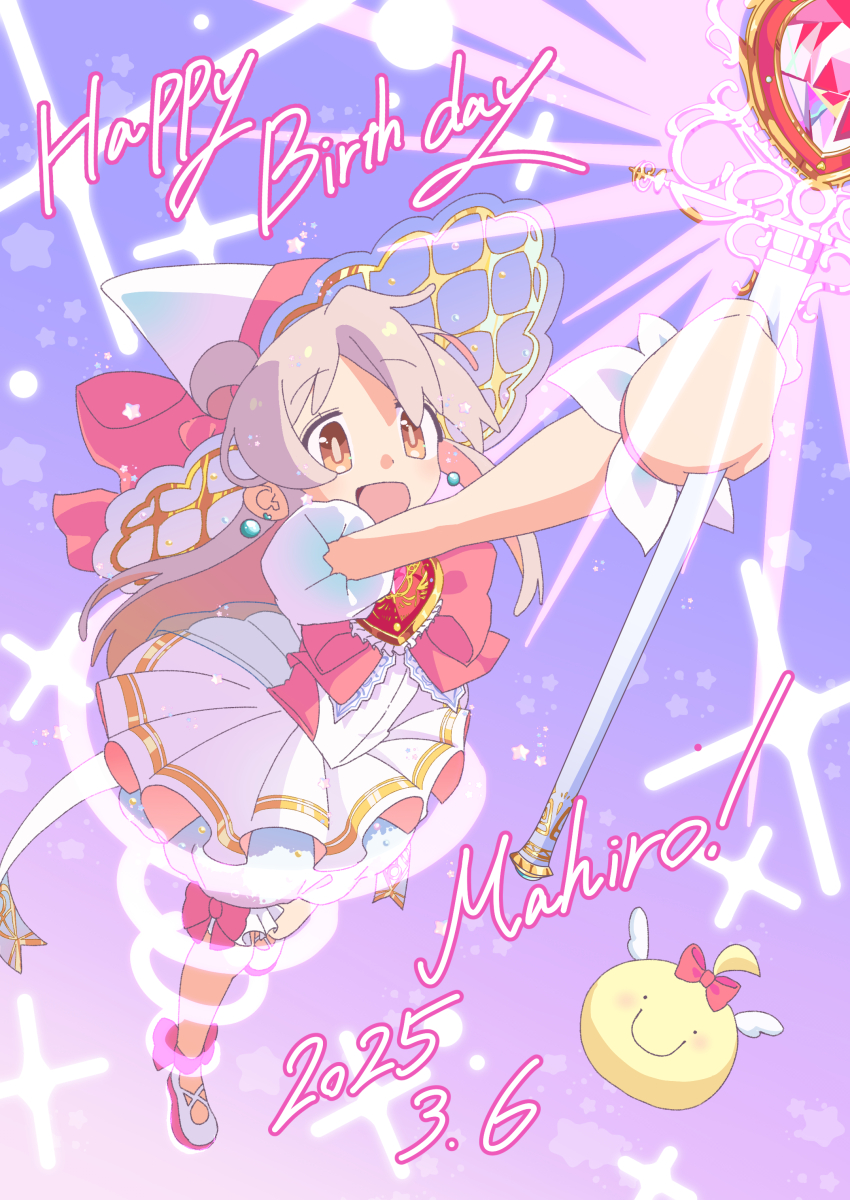 absurdres bow bowtie commentary_request dress frilled_dress frills grey_hair hat highres magical_girl mascot onii-chan_wa_oshimai! open_mouth oyama_mahiro pink_bow pink_bowtie shoes smile sparkle staff tanpaku_(oqu_2) witch_hat yellow_eyes