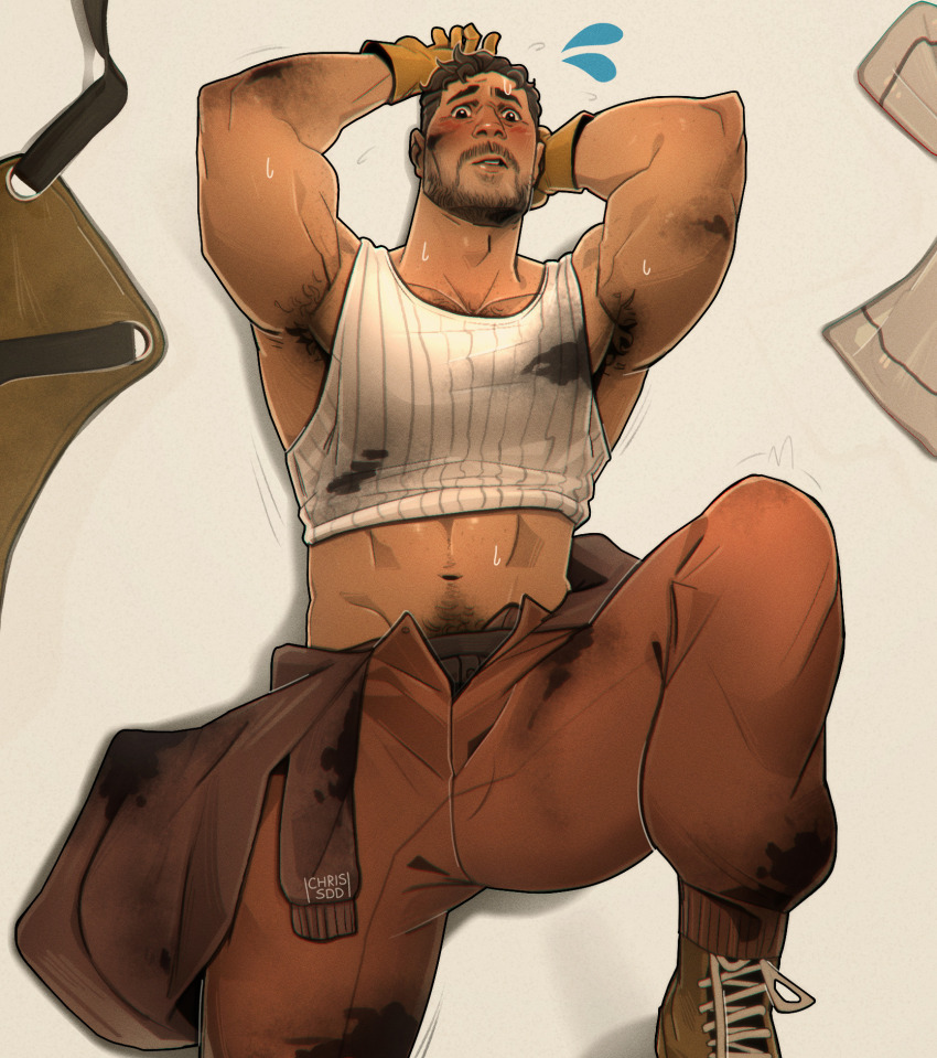 1boy adam&#039;s_apple armpit_hair arms_up bara beard brown_hair chest_hair_peek chris_sdd clothes_around_waist clothes_lift coral_island dark-skinned_male dark_skin dirty dirty_face facial_hair feet_out_of_frame from_above full_beard hairy highres jacket jacket_around_waist large_pectorals looking_at_viewer male_focus mature_male muscular muscular_male navel navel_hair open_fly pants pectorals rafael_(coral_island) shirt_lift short_hair solo stomach striped_tank_top tank_top thick_eyebrows thick_navel_hair white_tank_top