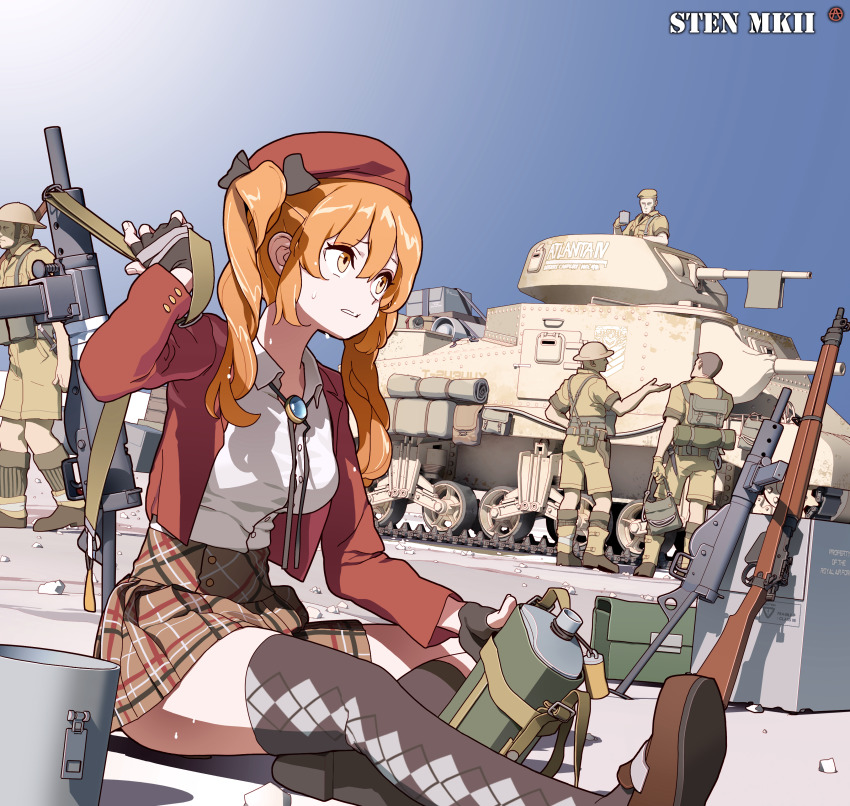 1girl 4boys absurdres argyle asymmetrical_legwear beret black_gloves bolt_action breasts canteen character_name circle_a collared_shirt commentary_request fingerless_gloves girls&#039;_frontline gloves griffin_&amp;_kryuger_logo grifon_&amp;_kryuger gun gun_sling hair_between_eyes hat highres jacket lee-enfield long_hair long_sleeves m3_grant medium_breasts military military_uniform military_vehicle motor_vehicle multiple_boys orange_eyes orange_hair outdoors plaid_clothes plaid_skirt red_headwear red_jacket rifle shirt sitting skirt sky socks soldier sten_gun sten_mkii_(girls&#039;_frontline) submachine_gun sweat tank thighhighs twintails uneven_legwear united_kingdom weapon white_shirt