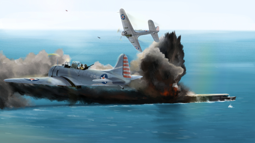 aircraft aircraft_carrier airplane bomb bomber dive_bomber explosion explosive fire gun highres historical_event history imperial_japanese_navy machine_gun military military_vehicle mo_yu_de_jiaozi ocean original pilot propeller propeller_fighter roundel sbd_dauntless ship shouhou_(aircraft_carrier) sky smoke star_(symbol) united_states_navy vehicle_focus warship watercraft waves weapon world_war_ii