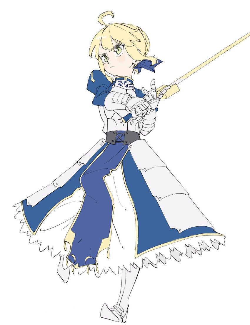 1girl ahoge armor armored_boots armored_dress artoria_pendragon_(fate) blonde_hair blue_dress blue_ribbon boots braid braided_bun closed_eyes commentary dress excalibur_(fate/stay_night) excalibur_(mythology) fate_(series) female_focus female_knight full_body gauntlets gloves green_eyes hair_bun hair_ribbon highres holding looking_to_the_side metal_gloves ribbon saber_(fate) simple_background single_hair_bun solo standing standing_on_one_leg sword tenoo12 weapon white_background