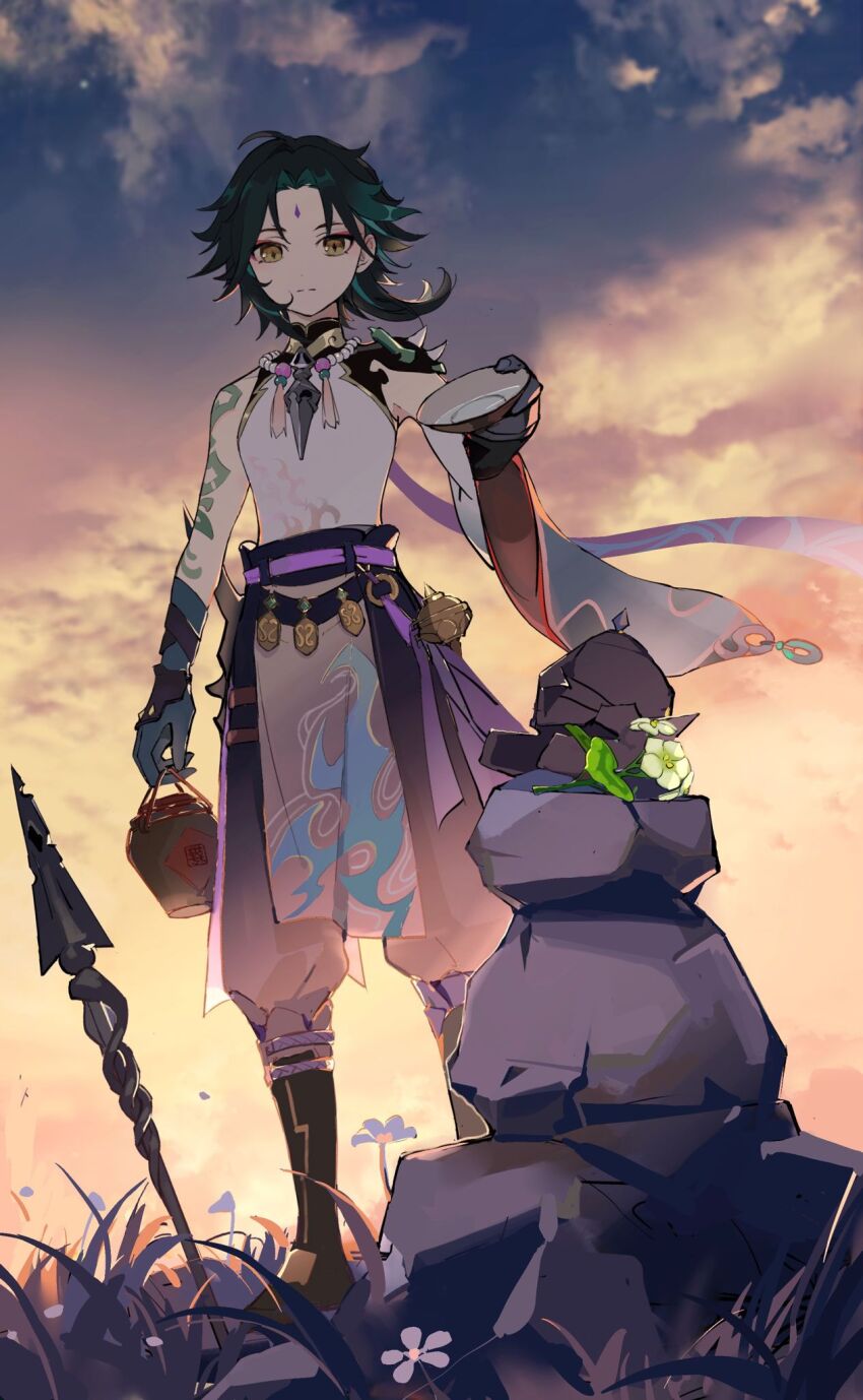 1boy arm_tattoo armor broken broken_weapon cloud cup facial_mark flower forehead_mark full_body genshin_impact grave green_hair highres holding huashengmi male_focus outdoors pauldrons polearm pouring sakazuki shirt shoulder_armor single_bare_shoulder single_pauldron sky sleeveless sleeveless_shirt solo standing tattoo twilight weapon white_shirt xiao_(genshin_impact) yellow_eyes