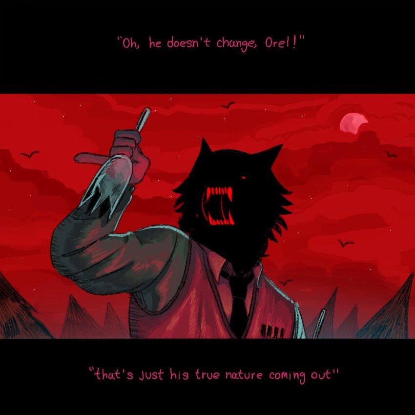 1boy bottle clay_puppington claymton collared_shirt fangs highres holding holding_bottle male_focus moral_orel necktie night open_mouth outdoors saliva shirt solo source_quote teeth vest white_shirt wolf wolf_boy
