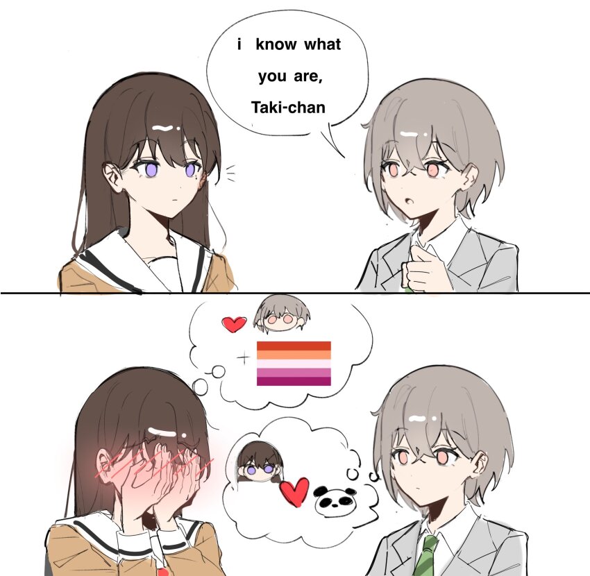 2girls bang_dream! bang_dream!_it&#039;s_mygo!!!!! blush brown_eyes brown_hair collared_shirt commentary diagonal-striped_clothes diagonal-striped_necktie embarrassed green_necktie grey_hair grey_jacket hair_between_eyes hanasakigawa_school_uniform hands_on_own_face haneoka_school_uniform heart highres i_know_what_you_are_(meme) jacket lesbian_flag linh_3l long_hair long_sleeves meme mole mole_under_eye multiple_girls necktie panda purple_eyes sailor_collar school_uniform shiina_taki shirt short_hair striped_clothes symbol-only_commentary takamatsu_tomori white_sailor_collar white_shirt yuri