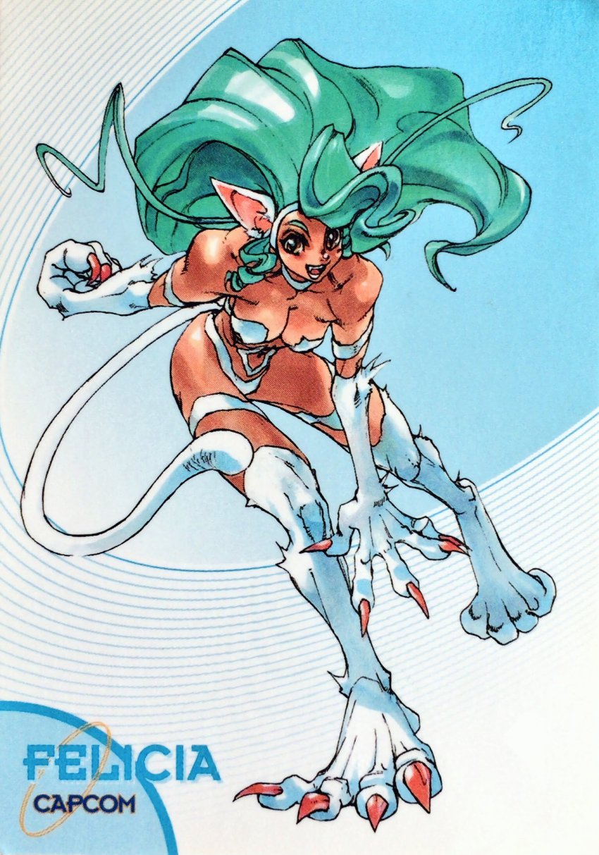 animal_ears animal_hands aqua_hair brown_eyes capcom cat_ears cat_tail character_name claws copyright_name felicia_(darkstalkers) full_body fur highres long_hair looking_at_viewer muscular muscular_female open_mouth solo tail darkstalkers yuuki_nobuteru