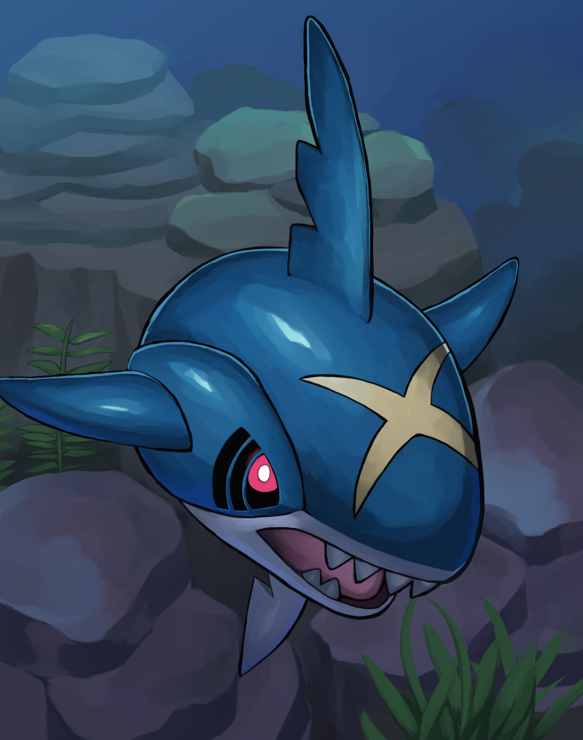 absurdres bright_pupils commentary_request gen_3_pokemon highres jira_(ziraiya26) looking_at_viewer nintendo no_humans open_mouth pink_eyes pokemon pokemon_(creature) pokemon_focus sharpedo solo teeth tongue underwater white_pupils