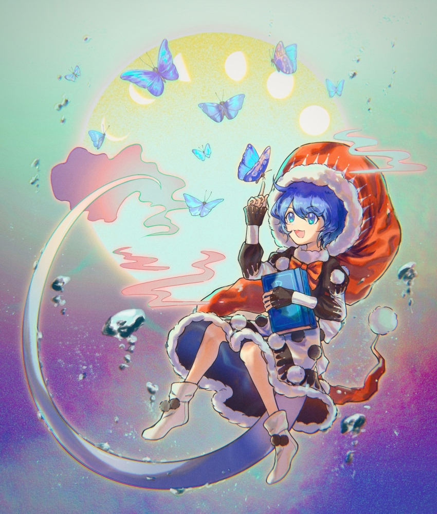 1girl :3 abstract_background absurdres aeginflash black_dress blue_background blue_eyes blue_hair book bow bowtie bug butterfly commentary_request doremy_sweet dress fur-trimmed_dress fur_trim gradient_background green_background hat highres holding holding_book insect layered_dress long_sleeves metal_arm_cuffs moon_phases nightcap open_mouth oversized_hat pink_background pink_clouds pom_pom_(clothes) puffy_long_sleeves puffy_sleeves purple_background red_bow red_bowtie red_hat short_hair sleeves_past_wrists smile socks swept_bangs tail tapir_girl tapir_tail touhou underwater very_long_tail white_dress white_socks yellow_background