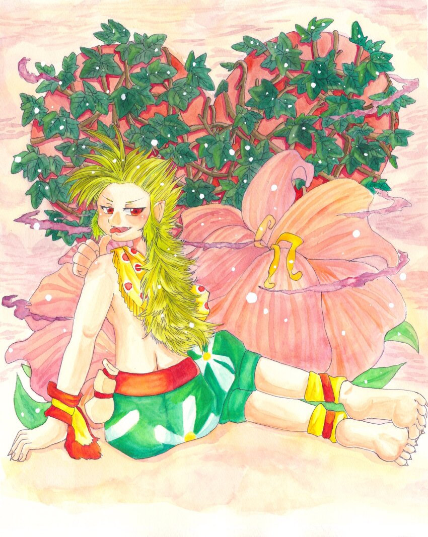 armband ass bag barefoot belt blush fang feet final_fantasy final_fantasy_vi finger_to_mouth fingernails floral_print flower full_body gau green_hair heart highres legband long_fingernails long_hair male_focus naughty_face on_floor pistil plant pointy_ears rafflesia_(final_fantasy) red_belt red_eyes satchel shawl soles_together tongue tongue_out traditional_media vines