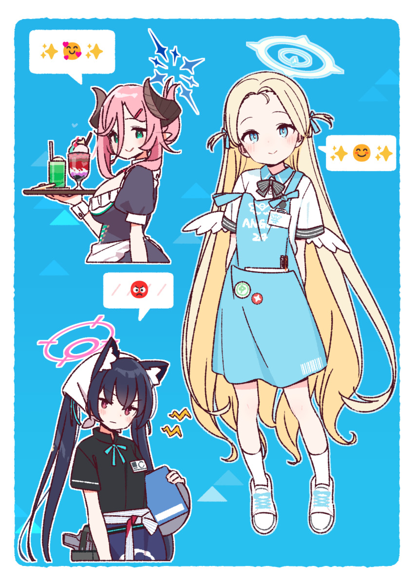 3girls :| angel&#039;s_24_uniform_(blue_archive) animal_ear_fluff animal_ears arms_behind_back black_hair blonde_hair blue_archive blue_background blue_eyes blue_halo blush breasts cat_ears cat_girl closed_mouth commentary_request demon_girl demon_horns forehead frown full_body green_eyes halo headscarf highres holding horns juri_(blue_archive) juri_(part-time)_(blue_archive) long_hair looking_at_viewer multiple_girls official_alternate_costume official_alternate_hairstyle parted_bangs pink_hair pink_halo red_eyes red_halo serika_(blue_archive) serika_(waitress)_(blue_archive) simple_background small_breasts smile sora_(blue_archive) standing straight_hair trait_connection twintails upper_body v-shaped_eyebrows very_long_hair white_headscarf yoru_nai
