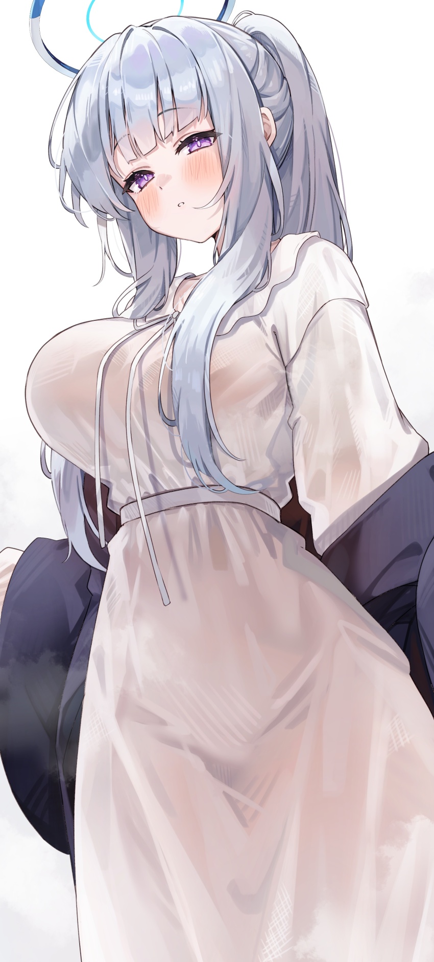 1girl absurdres blue_archive blush breasts dress grey_hair hair_tie halo highres kuroshiro_kanae large_breasts long_hair long_sleeves looking_at_viewer noa_(blue_archive) noa_(pajamas)_(blue_archive) ponytail purple_eyes purple_shawl shawl solo very_long_hair white_dress