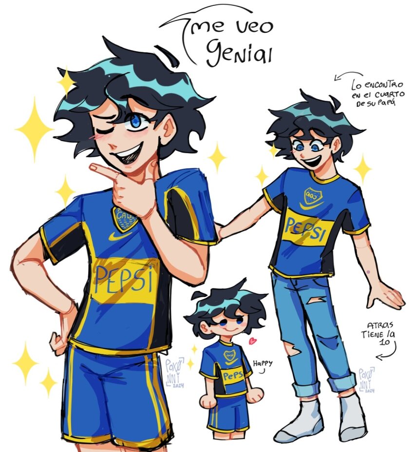 1boy blue_eyes child commentary dc_comics english_commentary english_text heart highres jonathan_kent male_focus pants poxi simple_background smile socks solo spanish_text sportswear superman_(series) teeth torn_clothes torn_pants translated white_socks