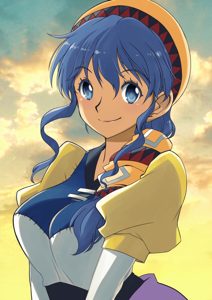 1girl bandana blue_eyes blue_hair breasts closed_mouth cloud dress headscarf highres large_breasts long_hair looking_at_viewer luna_noah lunar:_the_silver_star muramasa_mikado ponytail smile solo