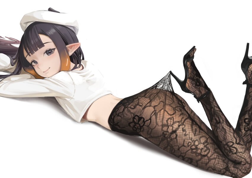 1girl absurdres alternate_costume beret black_shoes blue_eyes blunt_bangs commentary crop_top english_commentary from_side gradient_hair hat high_heels highres hololive hololive_english lace_pantyhose lace_pantyhose_hooked_on_heel_(meme) long_hair long_sleeves looking_at_viewer lying meme mole mole_under_eye multicolored_hair ninomae_ina&#039;nis on_stomach orange_hair pantyhose pointy_ears purple_hair shirt shoes smile tanukidraws tentacle_hair tentacles virtual_youtuber white_background white_hat white_shirt