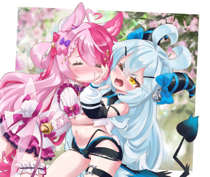 2girls absurdres akugaki_koa animal_ears annoyed antenna_hair bare_shoulders bikini black_bikini black_shorts black_shrug black_sleeves blue_hair blue_shorts blue_shrug blush border closed_eyes closed_mouth cowboy_shot day demon_girl demon_horns demon_tail detached_sleeves dress embarrassed female_focus frilled_dress frills from_side gloves hand_on_another&#039;s_face highleg highleg_bikini highres horns hug chromashift imminent_kiss kodomo_doushi lalabell_lullaby long_hair looking_at_another lower_teeth_only lowleg lowleg_shorts multiple_girls navel nekomancer03 one_eye_closed open_mouth outdoors pink_dress pink_hair rabbit_ears rabbit_girl rabbit_tail shorts shrug_(clothing) sleeveless sleeveless_shrug standing swimsuit tail teeth thigh_strap tongue two-tone_dress two-tone_shorts two-tone_shrug two-tone_sleeves virtual_youtuber white_border white_dress white_gloves white_sleeves yellow_eyes yuri