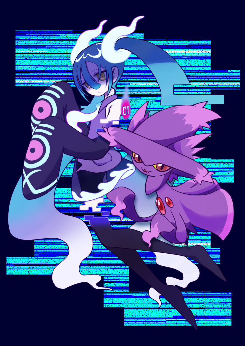 1girl aqua_hair boots closed_mouth detached_legs detached_sleeves doroji frown full_body gen_4_pokemon ghost_miku_(project_voltage) glitch hatsune_miku highres long_hair looking_at_viewer miniskirt mismagius necktie nintendo pokemon pokemon_(creature) project_voltage shaded_face shirt sidelocks skirt sleeveless sleeveless_shirt solo twintails very_long_hair vocaloid yellow_eyes
