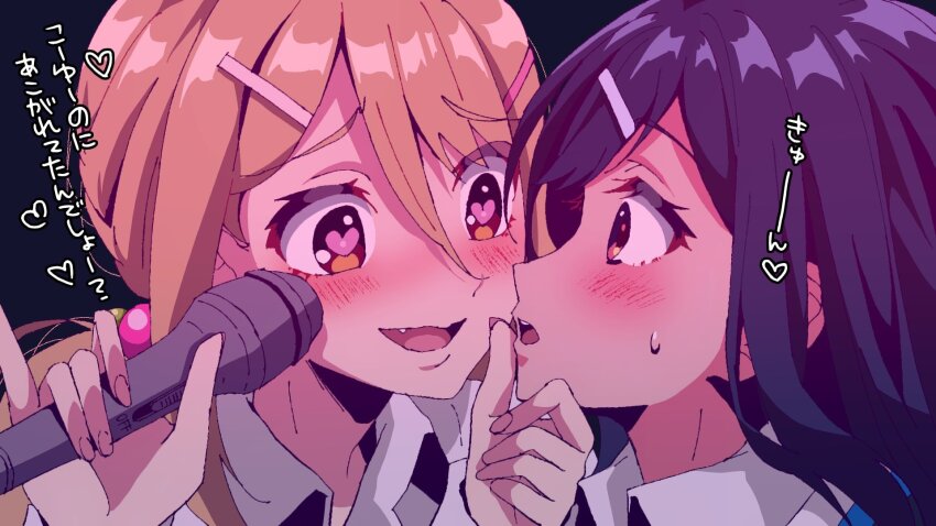 2girls blonde_hair blue_hair blush collared_shirt denonbu eye_contact face-to-face grabbing_another&#039;s_chin hair_between_eyes hair_ornament hairclip hand_on_another&#039;s_chin heart heart-shaped_pupils highres holding holding_microphone kaoryu-kun kayano_futaba long_hair looking_at_another microphone multiple_girls open_mouth profile red_eyes school_uniform shinonome_kazune shirt smile sweatdrop symbol-shaped_pupils upper_body white_shirt yuri