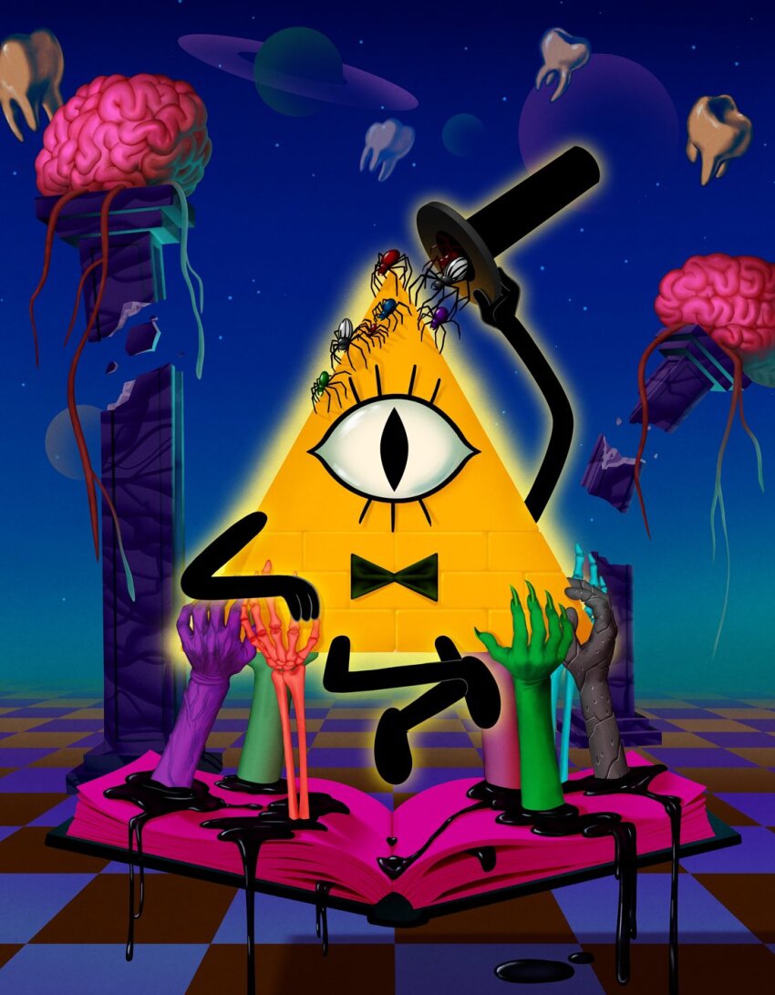 1boy 6+others abstract abstract_background bill_cipher black_bow black_bowtie black_eyes black_hat black_liquid blue_sky bone book_of_bill bow bowtie braid bug checkered_floor colored_skin commentary crossed_legs debris disney dripping emmy_cicierega english_commentary extra_arms eyelashes facing_viewer floating floating_object full_body glowing gravity_falls green_nails green_skin half_moon hat hat_tip held_up highres holding holding_unworn_clothes holding_unworn_hat jpeg_artifacts looking_at_viewer male_focus moon multiple_others negative_space official_art one-eyed open_box pillar planet promotional_art purple_skin skeleton sky solo_focus spider star_(sky) straight-on toon_(style) tooth top_hat triangle unworn_hat unworn_headwear veins