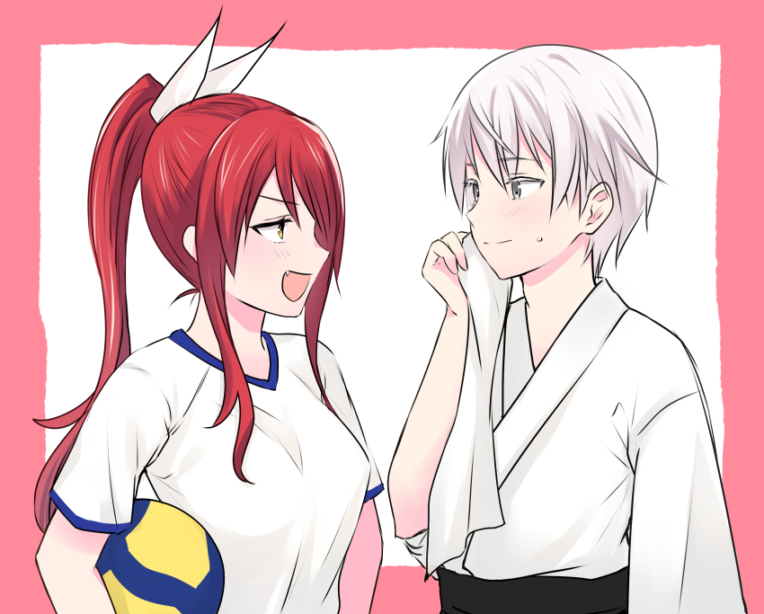 1boy 1girl :d alternate_costume ball blush eye_contact fang grey_eyes hair_ribbon hand_up highres holding holding_ball kobayashi_rindou long_hair long_sleeves looking_at_another open_mouth orange_eyes pale_skin pink_background ponytail profile red_hair ribbon shokugeki_no_souma short_hair short_sleeves smile sweatdrop toy-black tsukasa_eishi white_background white_hair white_ribbon