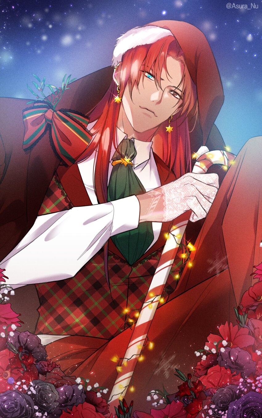 1boy absurdres aqua_eyes ascot asura_nu black_flower black_rose brown_eyes candy candy_cane capelet collared_shirt dante_(nu_carnival) dark-skinned_male dark_skin earrings flower food fur-trimmed_headwear fur_trim gloves green_ascot green_sweater_vest hat heterochromia highres holding holding_candy holding_candy_cane holding_food jewelry lace lace_gloves long_hair long_sleeves looking_at_viewer male_focus nu_carnival plaid_clothes plaid_sweater_vest purple_flower purple_rose red_capelet red_flower red_hair red_headwear red_rose red_sweater_vest rose santa_hat shirt star_(symbol) star_earrings sweater_vest white_gloves white_shirt