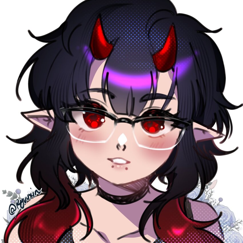1girl artist_name black_choker black_hair blush choker collarbone commentary commission demon_girl demon_horns english_commentary glasses highres horns looking_at_viewer original parted_lips pointy_ears portrait red_eyes ryuuxin smile solo white_background