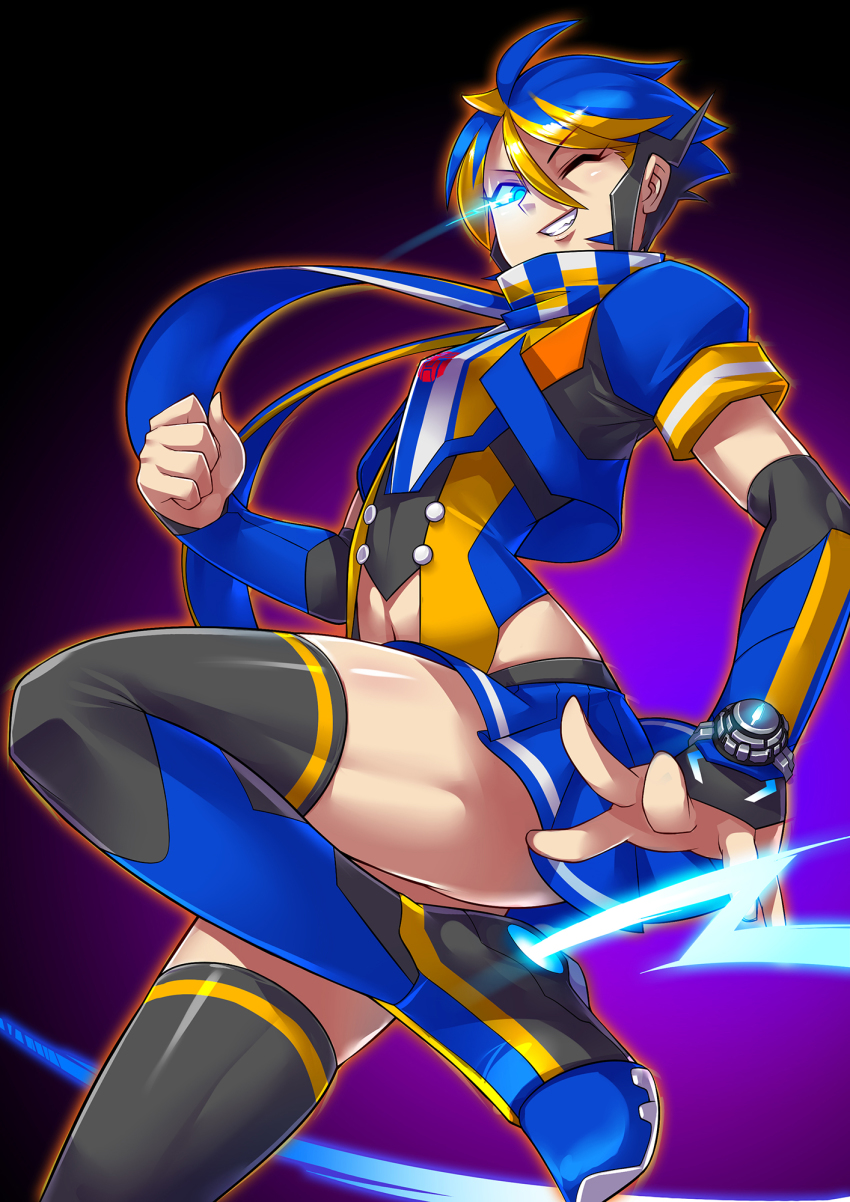 1girl alternate_colors blue_eyes gender_request genderswap highres personification ryuusei_(mark_ii) short_hair skirt smokescreen_(transformers) thighhighs transformers transformers_prime wink