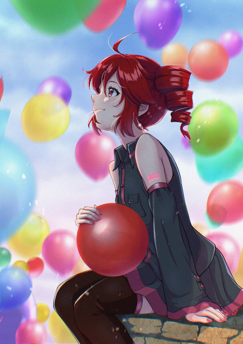 1girl absurdres ahoge balloon bare_shoulders black_shirt black_sleeves blue_sky breast_pocket brick_wall buttons cloud commentary_request detached_sleeves drill_hair from_side hair_between_eyes highres kasane_kein kasane_teto kasane_teto_(utau) number_tattoo pocket red_eyes red_tattoo shirt shoulder_tattoo side_drill sitting sitting_on_wall sky smile solo tattoo too_many_balloons utau