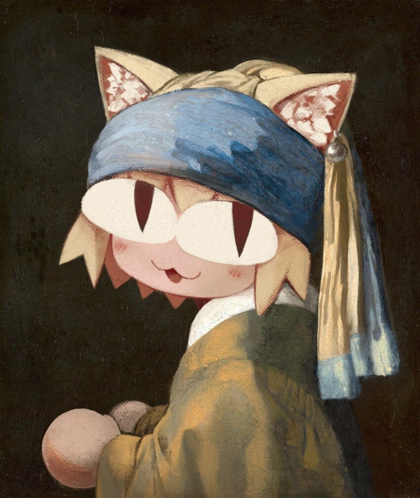 1girl :3 animal_ear_piercing animal_ears ball_hands bandana blue_bandana canvas_texture cat_ears cat_girl faux_traditional_media fine_art_parody from_side girl_with_a_pearl_earring highres joaoloss4 looking_at_viewer neco-arc open_mouth parody portrait short_hair slit_pupils solo tsukihime