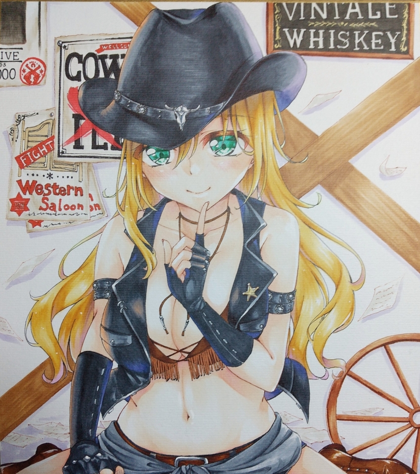 1girl aqua_eyes black_gloves blonde_hair breasts cleavage cowboy_hat fingerless_gloves gloves hat highres large_breasts long_hair looking_at_viewer marker_(medium) mini_dang01 navel original smile solo traditional_media