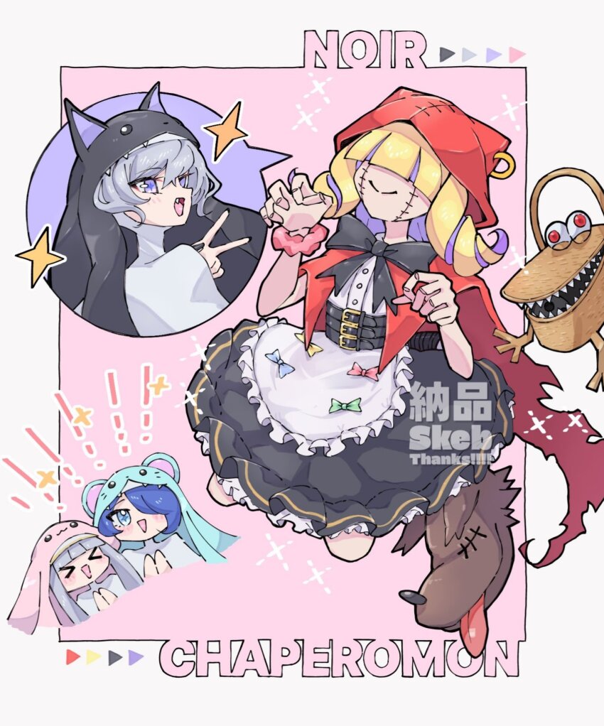 &gt;_&lt; 3girls basket black_skirt blonde_hair blue_hair border brown_shoes chaperomon commentary_request digimon digimon_(creature) drill_hair evolutionary_line fang grey_hair hair_over_one_eye highres hood hood_up medium_hair multiple_girls nagoshi nun pink_background red_hood shirt shoes simple_background sistermon_blanc sistermon_ciel sistermon_noir skirt spoken_character stitched_face stitches twin_drills v white_border white_shirt