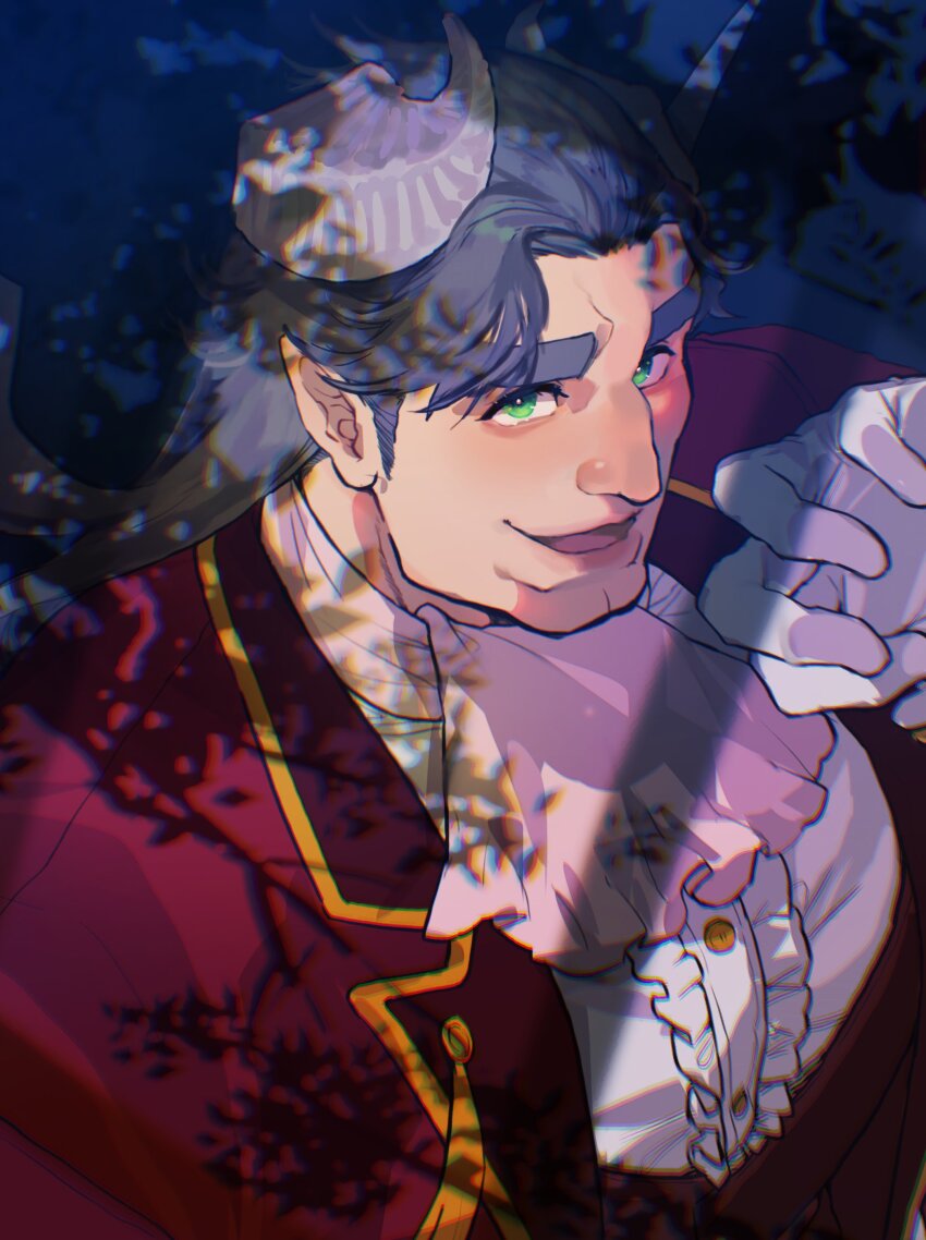 1boy absurdres ascot bara buttons dress_shirt gloves green_eyes grey_hair highres horns jacket long_sleeves looking_at_viewer lucifuge_(housamo) male_focus open_mouth pink_ascot pointy_ears red_jacket shiratori_yokikana shirt sideburns solo thick_eyebrows tokyo_houkago_summoners upper_body white_gloves white_shirt