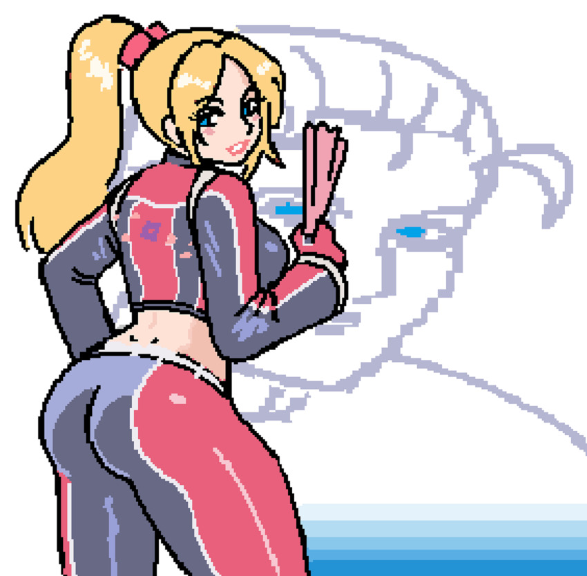 1boy 1girl alternate_hair_color andy_bogard ass blonde_hair blue_eyes breasts fatal_fury gloves hand_fan hand_on_own_hip highres jacket large_breasts leather leather_jacket leather_pants legs long_hair looking_at_viewer looking_back midriff oekaki pants parted_lips pink_lips shiranui_mai sideboob smile snk solo the_king_of_fighters thick_thighs thighs