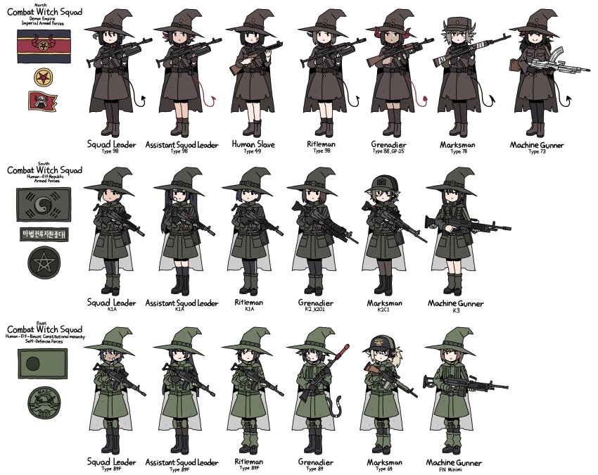 6+girls assault_rifle black_gloves black_hair black_pantyhose black_socks black_thighhighs bolt_action boots brown_boots brown_hat brown_jacket closed_mouth commentary daewoo_k1 daewoo_k2 daewoo_k3 dark-skinned_female dark_skin demon_girl demon_horns demon_tail english_commentary english_text facial_mark fingerless_gloves flag flat_cap fn_minimi gloves grenade_launcher grey_hair grey_hat grey_jacket gun hair_between_eyes hat helical_magazine high-capacity_magazine highres holding holding_gun holding_weapon horns jacket karepack korean_text light_machine_gun m203 machine_gun multiple_girls north_korean_flag orb original pantyhose pentagram pointy_ears ppsh-41 red_eyes rifle rifle_grenade shotgun simple_background sniper_rifle socks south_korean_flag star_(symbol) submachine_gun tail thighhighs torn_clothes torn_jacket translation_request trigger_discipline type_73_(light_machine_gun) type_78_sniper_rifle type_88_(assault_rifle) type_98_(assault_rifle) underbarrel_grenade_launcher usas-12 weapon whisker_markings white_background witch_hat yin_yang yin_yang_orb
